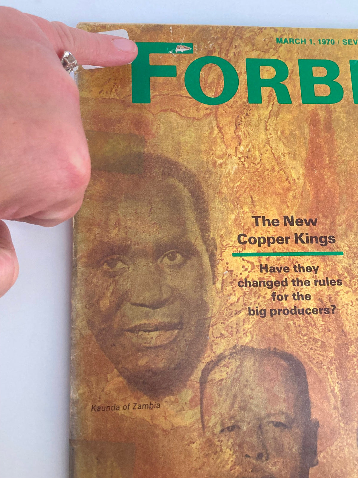 Close-up view of the Forbes Magazine cover dated March 1, 1970, focusing on the text 'Kaunda of Zambia' and the title 'The New Copper Kings'.