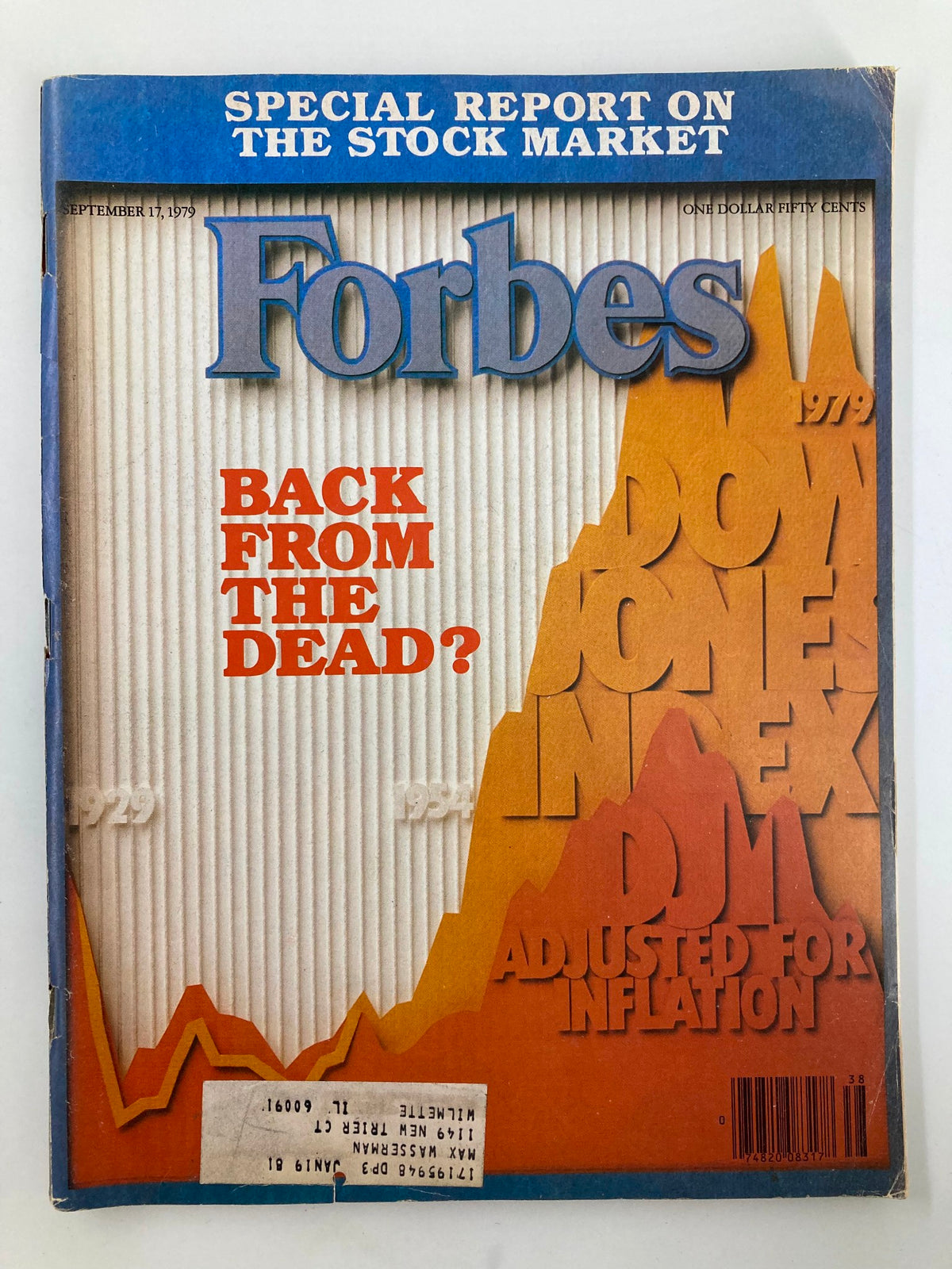 VTG Forbes Magazine September 17 1979 cover featuring title 'Back From The Dead Adjusted for Inflation' with a stylized graph and stock market report.
