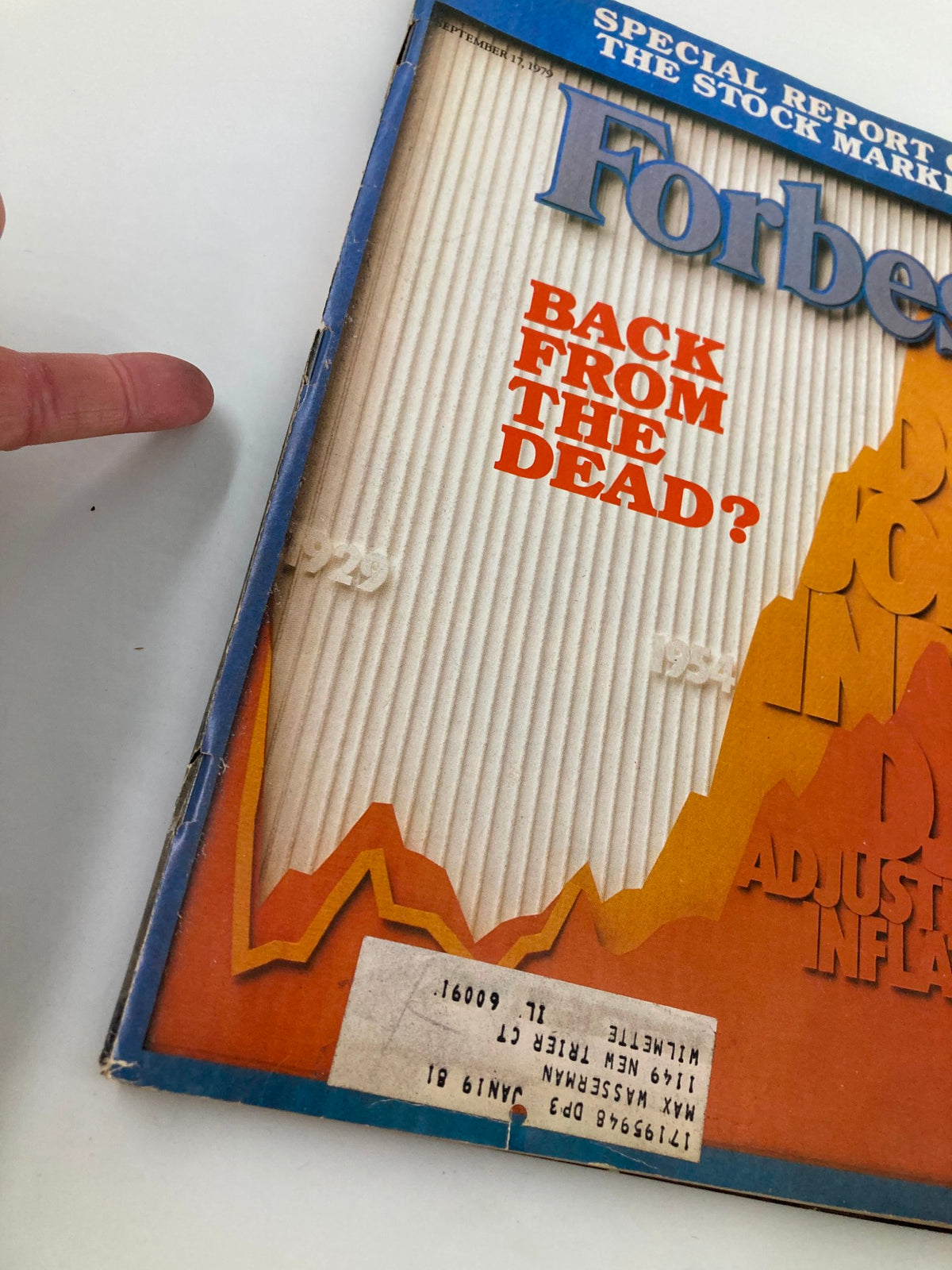 Close-up of the VTG Forbes Magazine September 17 1979 cover showing title 'Back From The Dead Adjusted for Inflation' with a stock market graph.