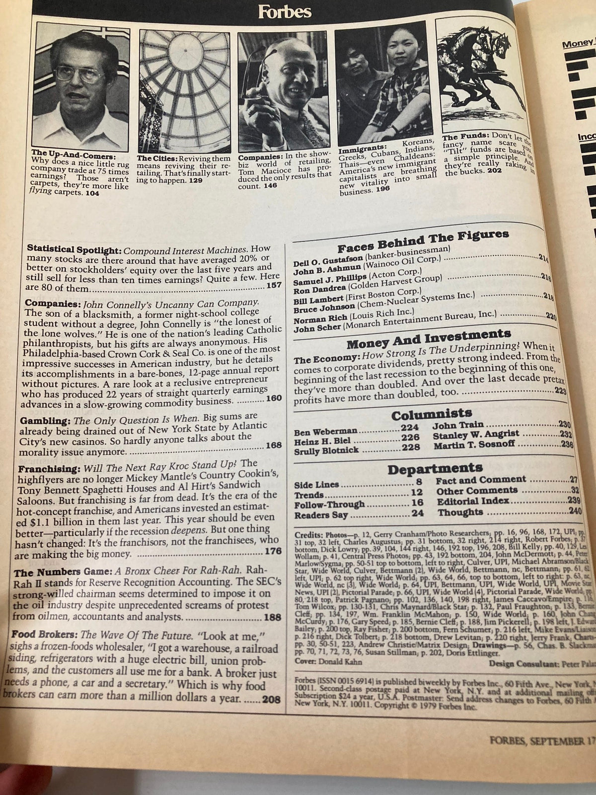 Another interior page of the VTG Forbes Magazine September 17 1979 highlighting columns and sections on investment, business companies, and economic insights.