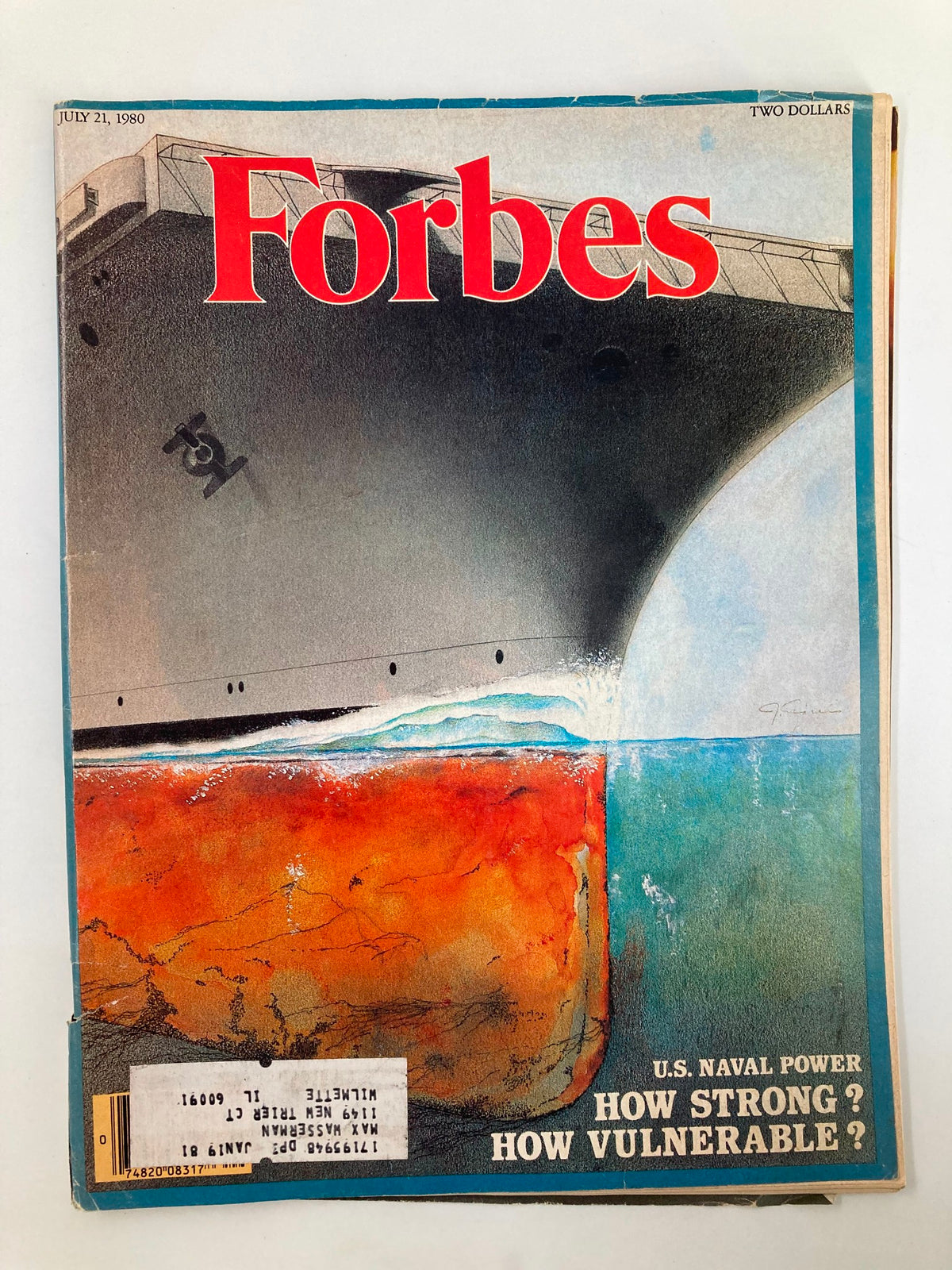 Cover of Forbes Magazine from July 21, 1980, featuring the title 'US Naval Power - How Strong? How Vulnerable?', showcasing a striking graphic of a naval vessel and colorful water beneath.