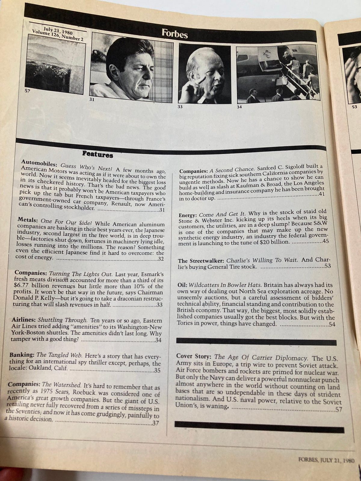 Interior page of VTG Forbes Magazine July 21, 1980, featuring articles and photographs related to business and economics.