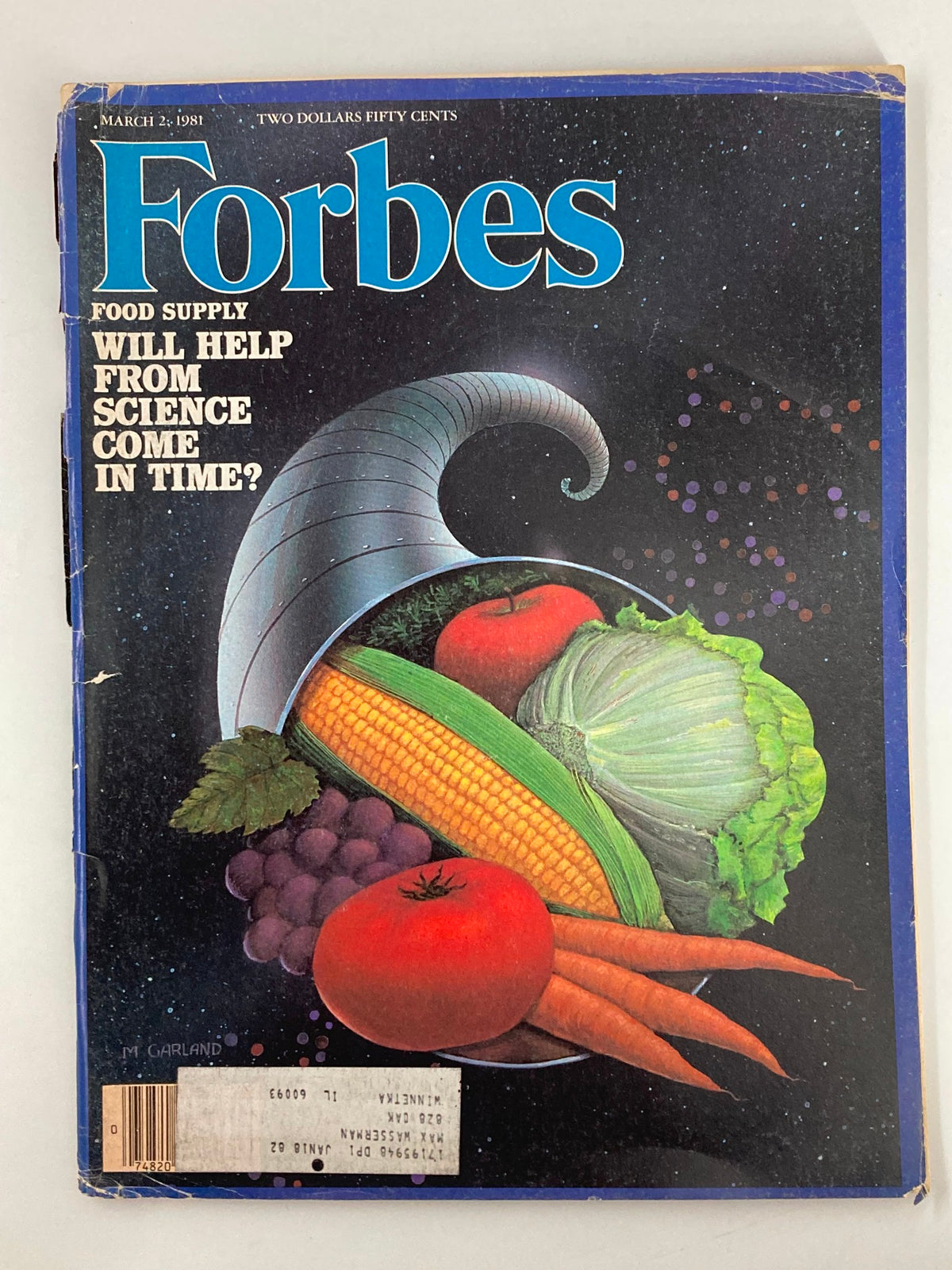 Cover of Forbes Magazine, March 2, 1981, featuring the title 'Will Help From Science Come in Time?' with a colorful illustration of vegetables and a sci-fi horn symbolizing food supply.