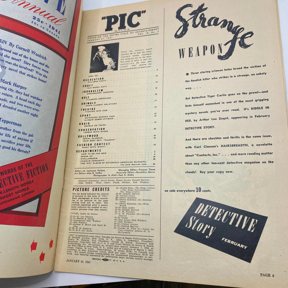 Interior page of Vintage Pic Magazine dated January 21, 1941, displaying the table of contents and highlighting various entertainment topics.