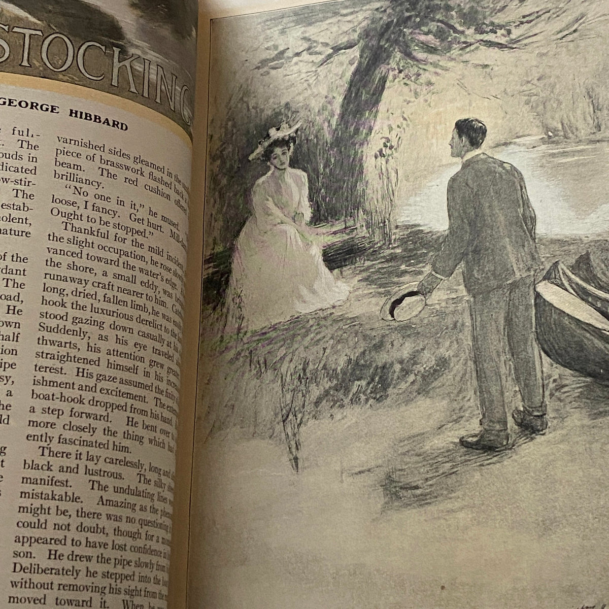 Illustration from VTG Cosmopolitan Magazine December 1905 depicting a couple by the water, embodying the romantic themes of the publication.