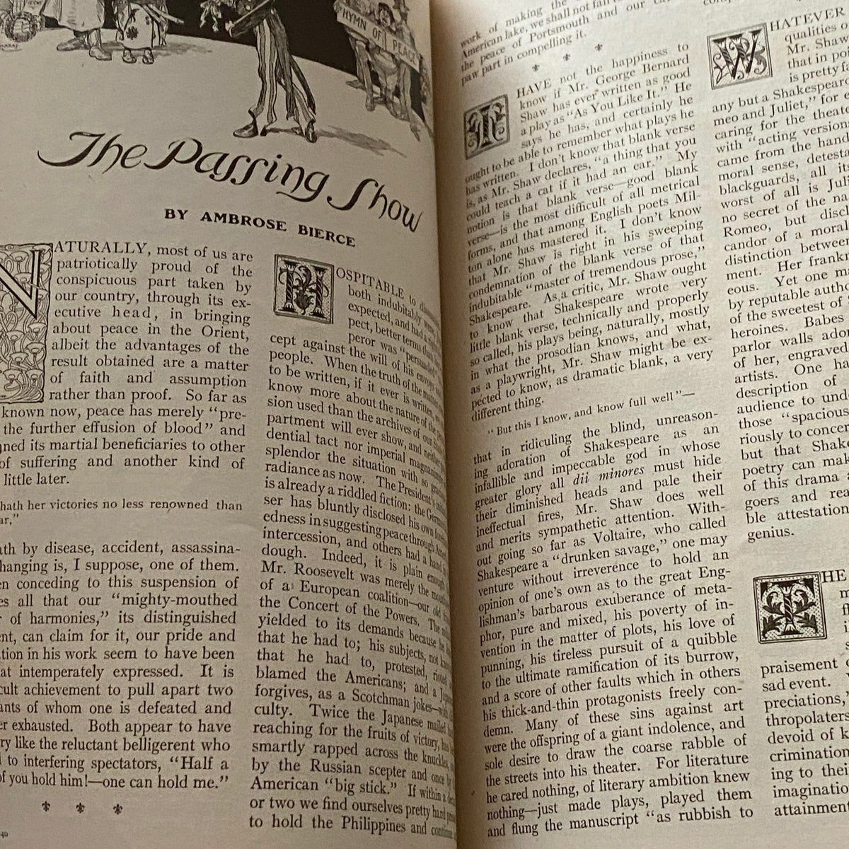 Expository text from VTG Cosmopolitan Magazine December 1905, featuring an article titled 'The Passing Show' by Ambrose Bierce, emphasizing literary contributions of the time.