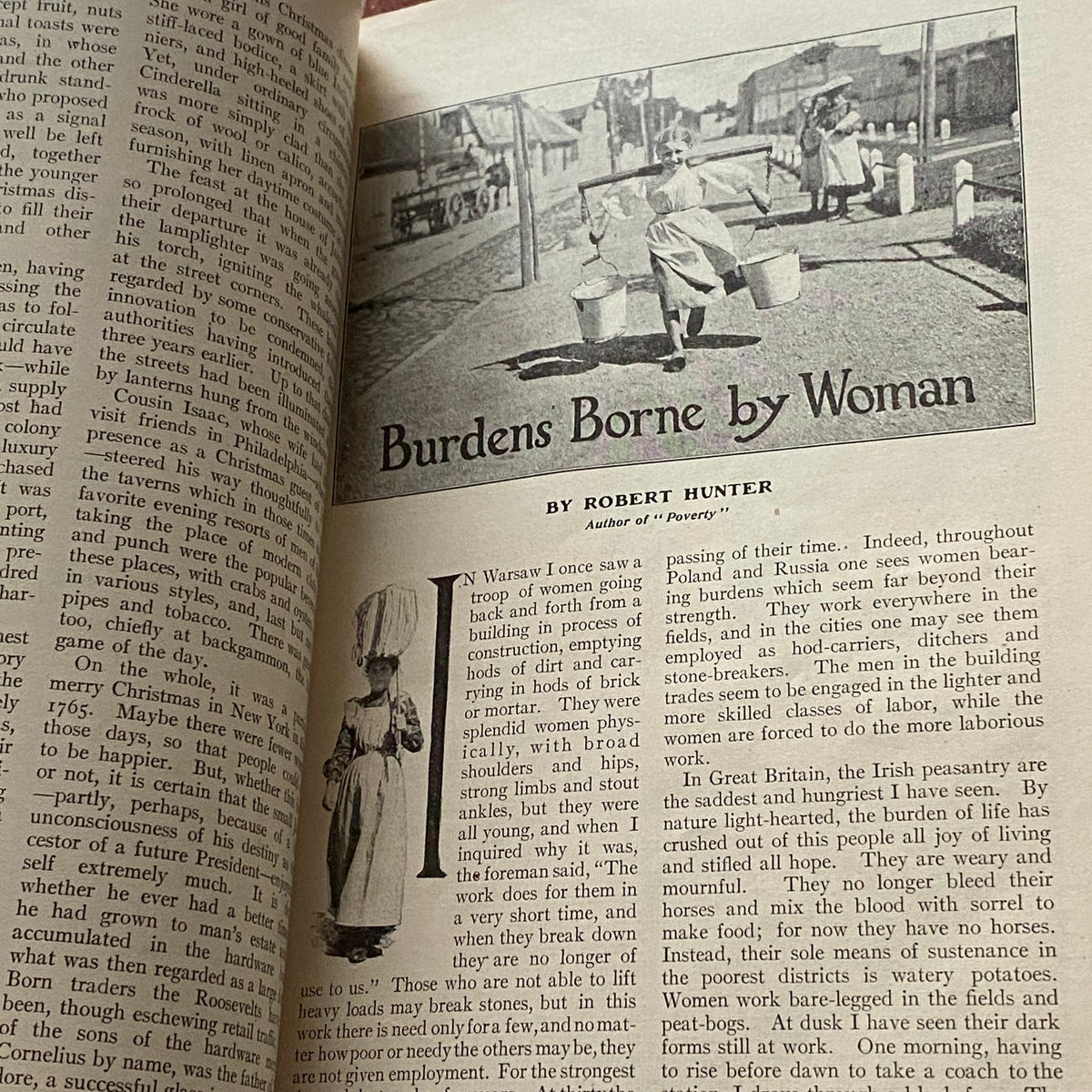 Interior page from VTG Cosmopolitan Magazine December 1905 featuring an article titled 'Burdens Borne by Woman' by Robert Hunter, showcasing vintage text and imagery.