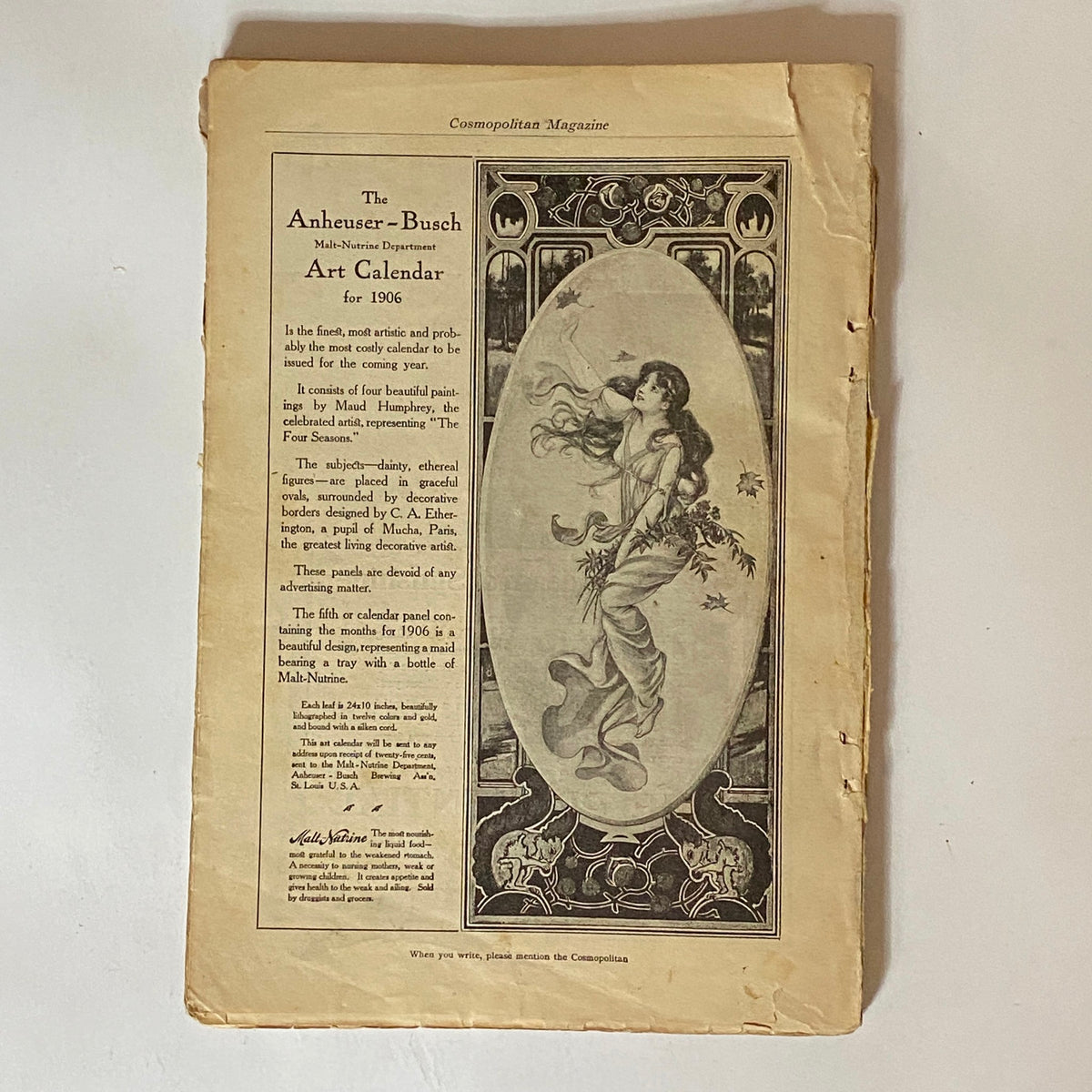 Back cover of VTG Cosmopolitan Magazine December 1905, featuring the Anheuser-Busch Art Calendar for 1906, with elegant illustration and vintage design elements.