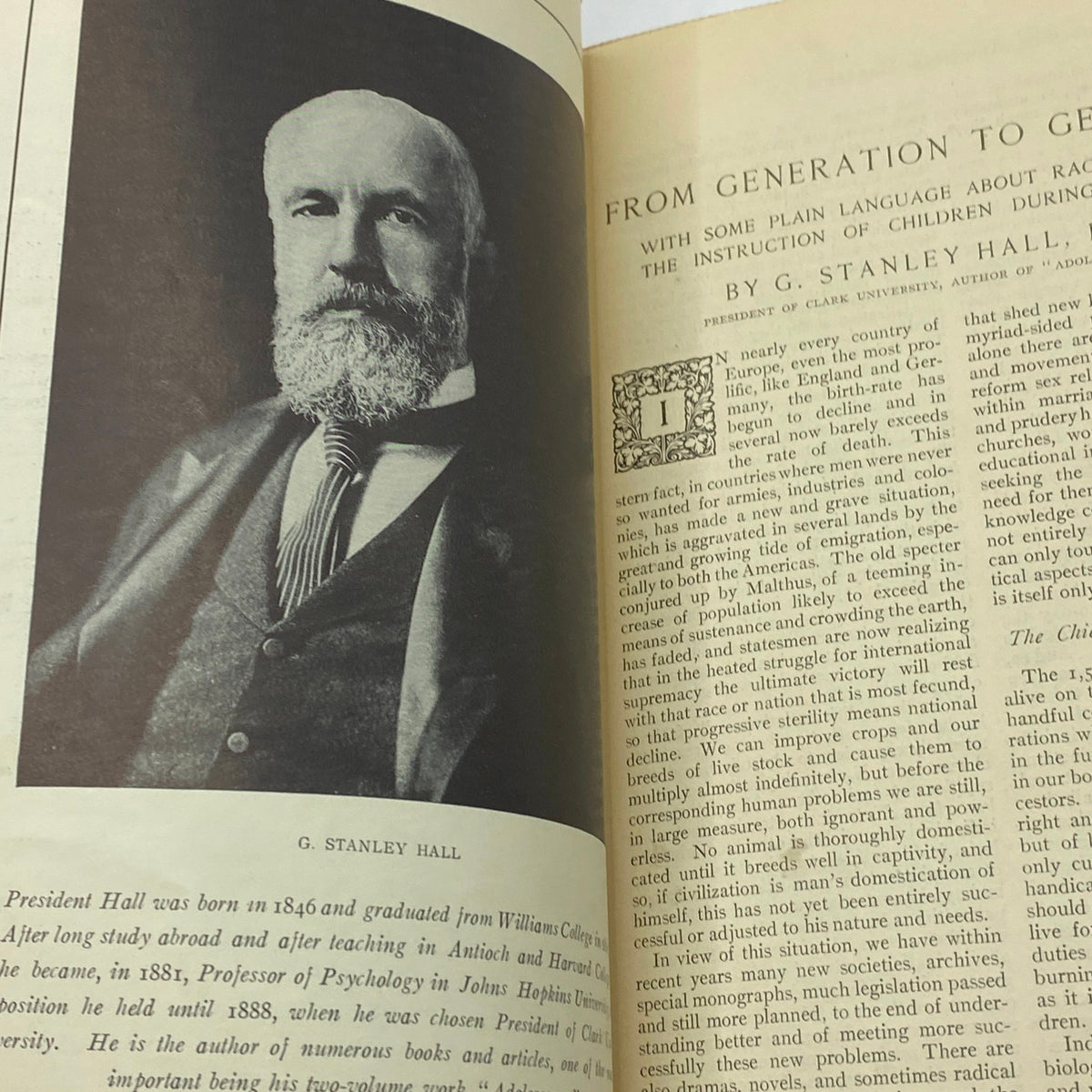 Interior page of VTG The American Magazine 1908 featuring an article about G. Stanley Hall with a portrait, discussing education and socio-cultural issues of the time.