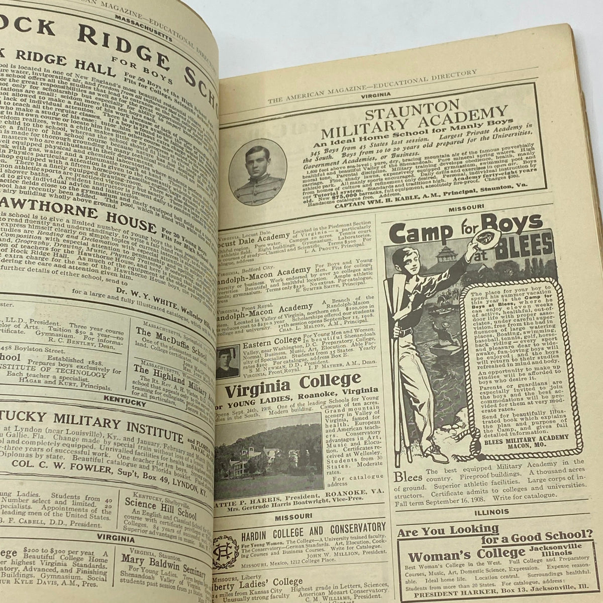 Another interior page from VTG The American Magazine 1908, showcasing an educational directory with advertisements for various military and educational institutions.