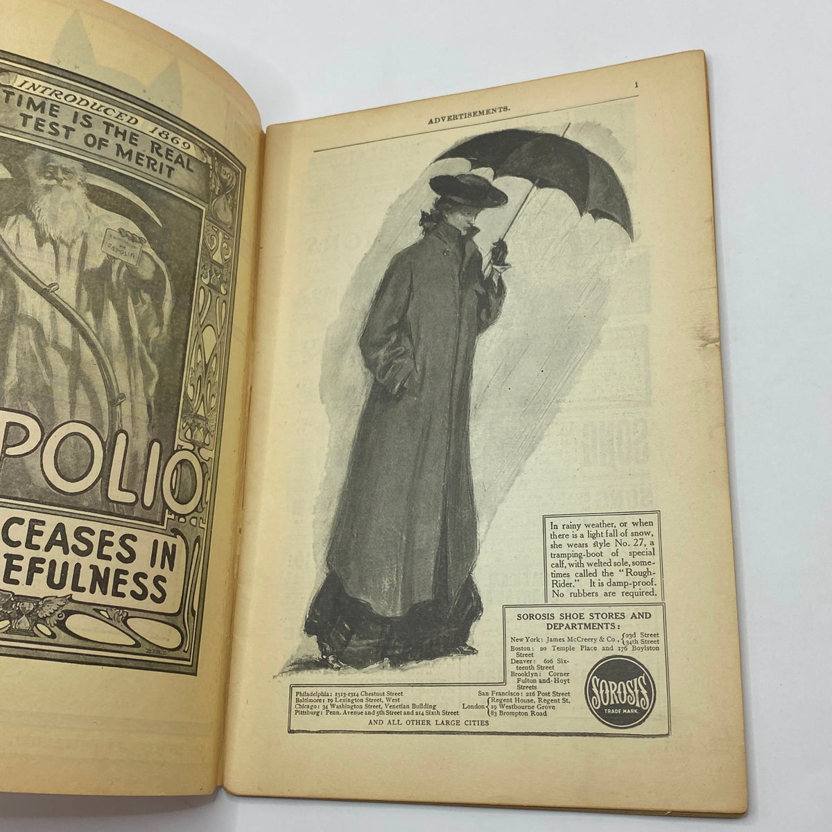 Vintage advertisement illustration from VTG The Black Cat Magazine January 1907 titled 'The Ink of Destiny', featuring a woman in a long coat holding an umbrella.