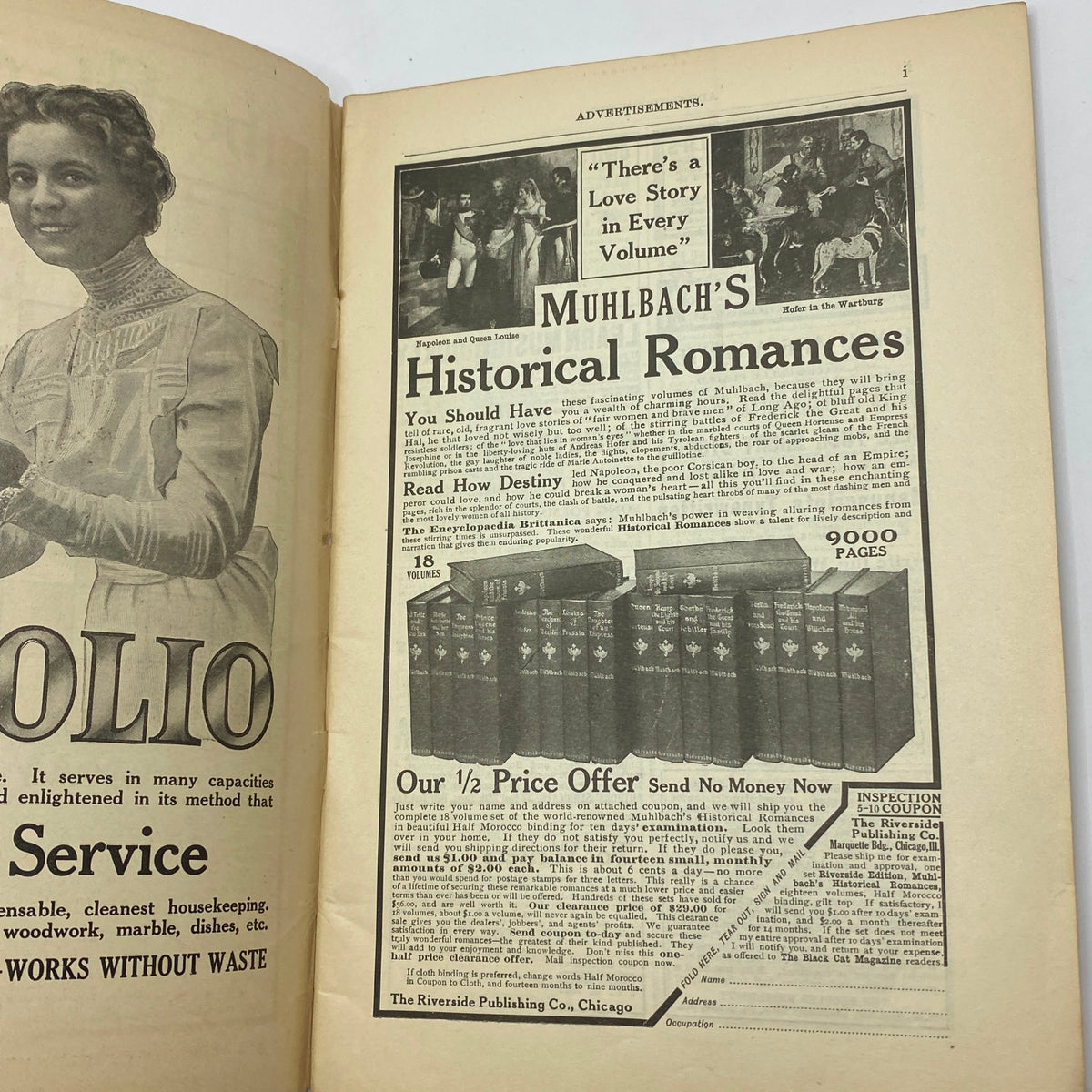 Advertisement page from VTG The Black Cat Magazine May 1910 featuring Muhlbach's Historical Romances and other publications.
