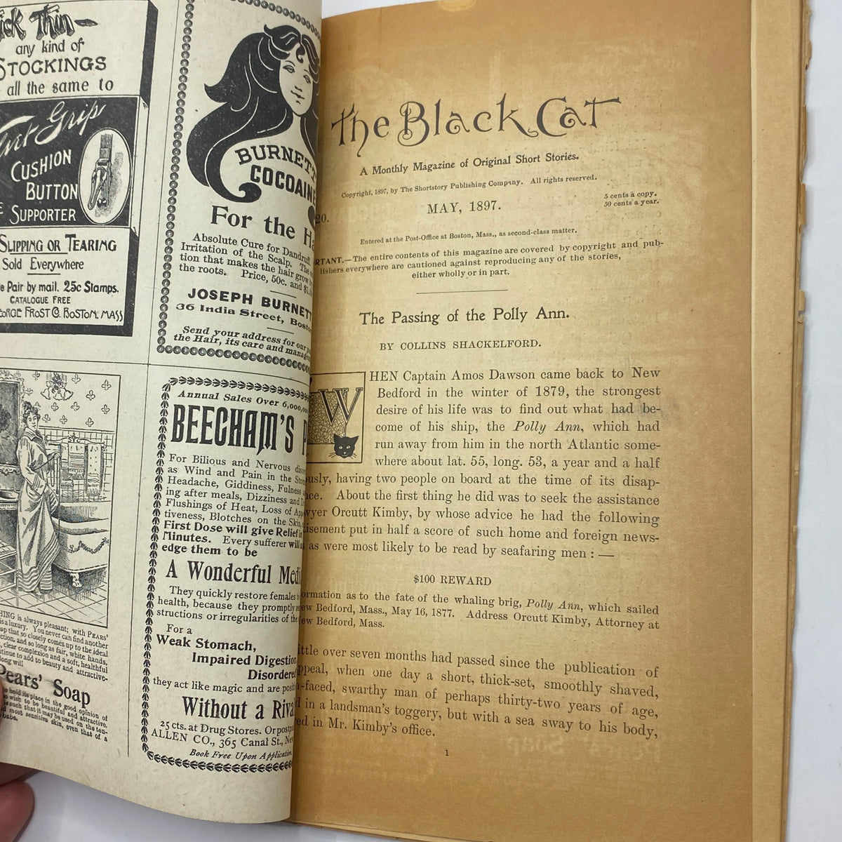 Inside page of VTG The Black Cat Magazine May 1897 showing the title page and story 'The Passing of the Polly Ann' with illustrations.