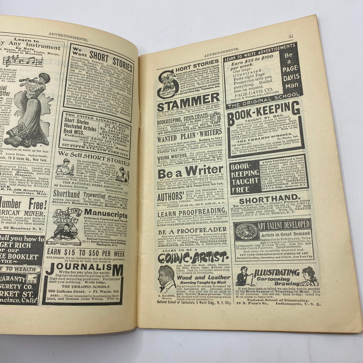 Interior page of VTG The Black Cat Magazine December 1902 featuring advertisements, including opportunities for aspiring writers and artistic professions.