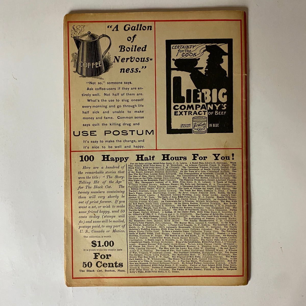 Back cover of VTG The Black Cat Magazine December 1902 displaying advertisements for coffee products and promotional offers.
