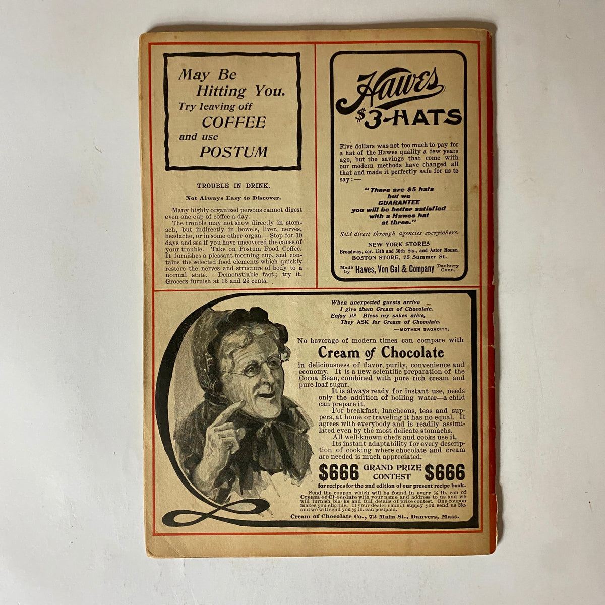 Back cover of VTG The Black Cat Magazine October 1902, featuring an advertisement for Hawes Hats and various products.