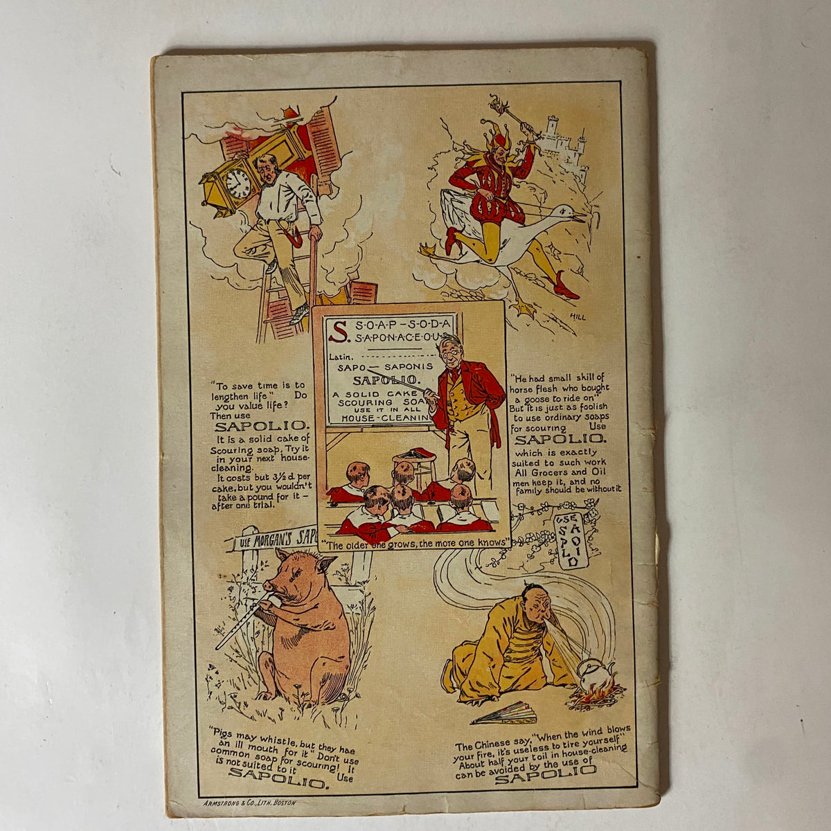 Advertisment page from VTG The Black Cat Magazine November 1896 with colorful illustrations for Sapolio soap products, representing late 19th century marketing.
