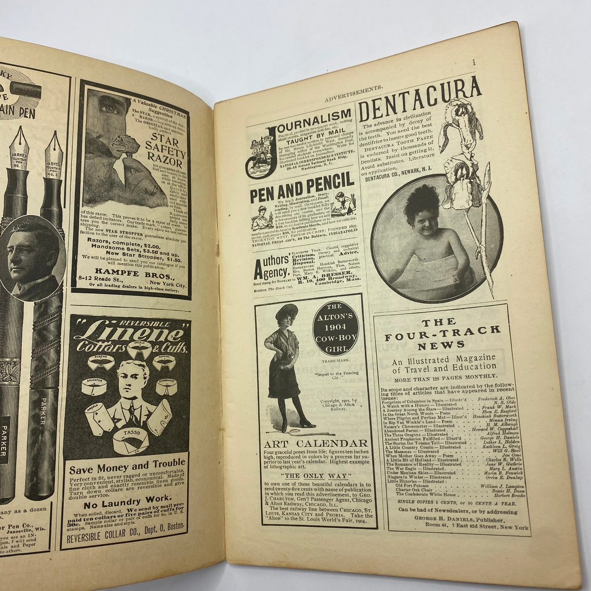 Interior page of VTG The Black Cat Magazine December 1903 featuring vintage advertisements including journalism, Dentacura, and art supplies, showcasing early 20th-century design.