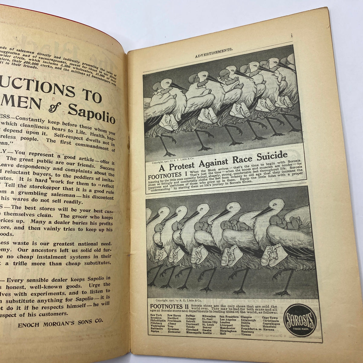 Vintage advertisement page from VTG The Black Cat Magazine April 1907 featuring a protest against race suicide with illustrations of storks.