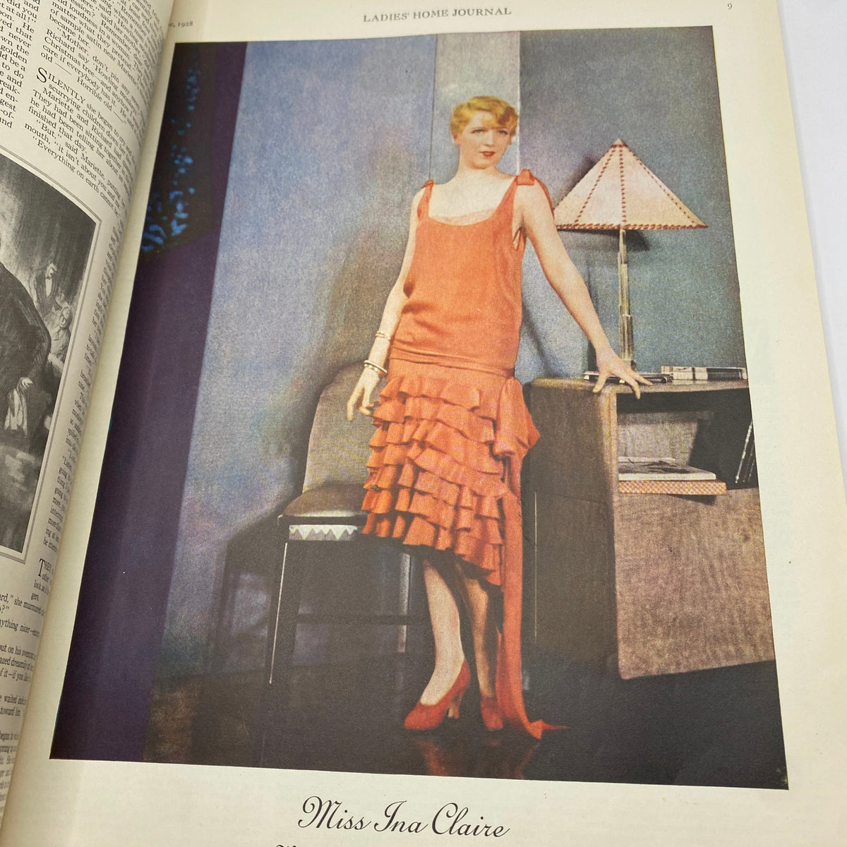 Page from Ladies' Home Journal June 1928 showcasing Miss Ina Claire in an elegant pose, illustrating the fashion and culture of the late 1920s.