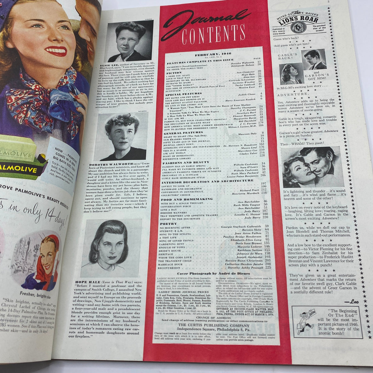 Contents page of the Ladies' Home Journal Magazine February 1946, detailing featured articles and special sections, reflecting post-war American culture and women's roles.