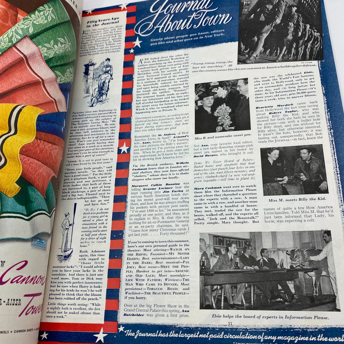 Interior page of July 1941 Ladies' Home Journal Magazine displaying articles with vintage typography and colorful designs referencing 'Journal About Town', capturing early 1940s journalism and culture.