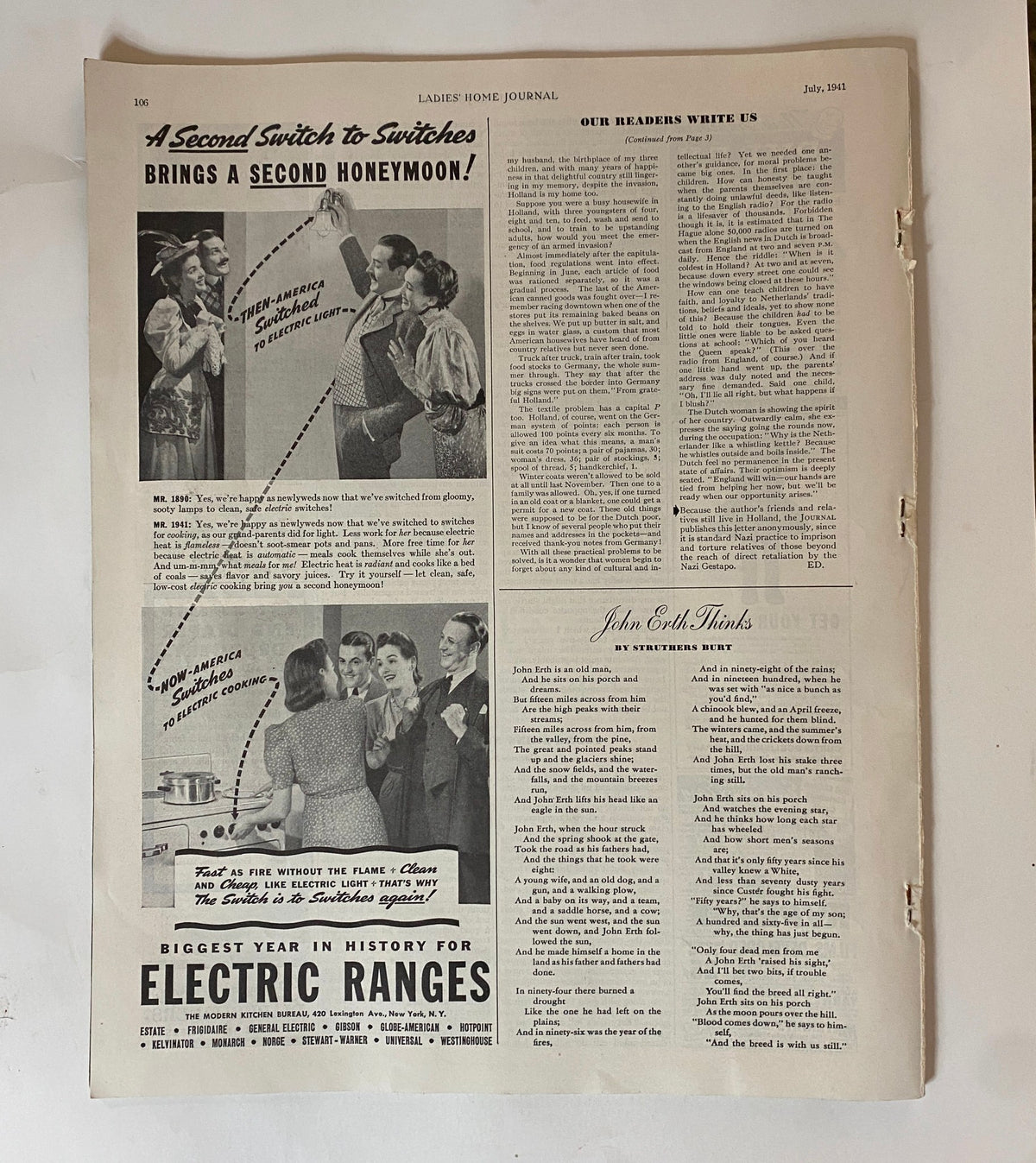 Another interior page from July 1941 Ladies' Home Journal Magazine featuring advertisements and reader letters, highlighting the magazine's engagement with contemporary issues of the time.