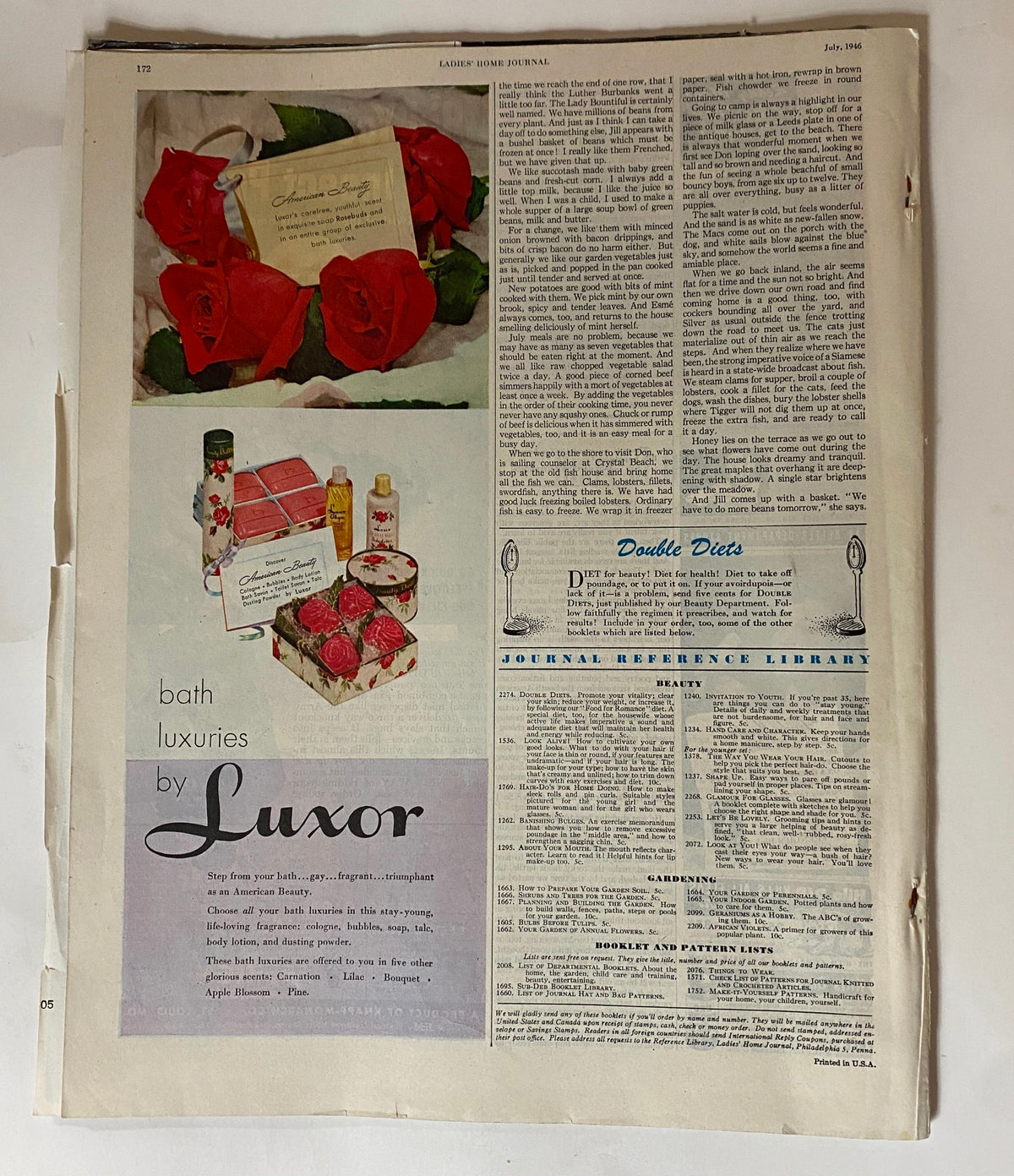 An interior page from Ladies' Home Journal Magazine July 1946 featuring an advertisement for 'Bath Luxuries by Luxor,' showcasing beauty products with floral decorations.