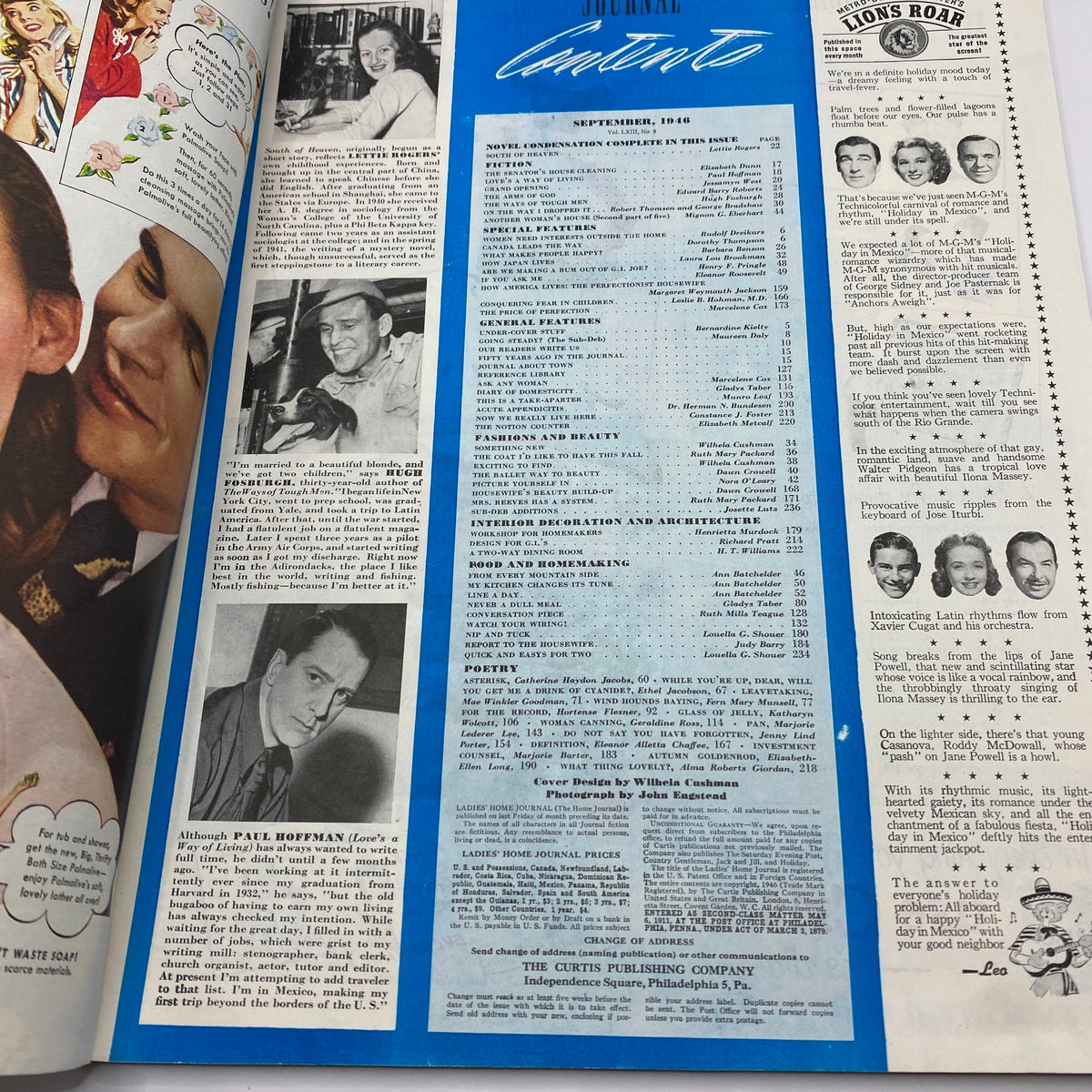 Interior page of Ladies' Home Journal Magazine September 1946 displaying the table of contents and featured articles, showcasing historical insights and themes relevant to that period.