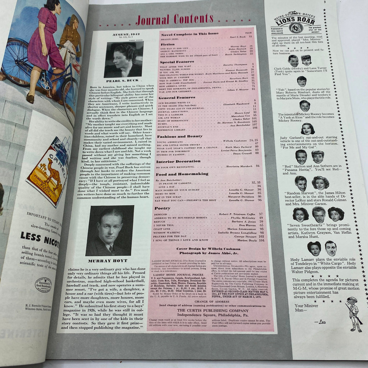 Table of contents from the Ladies' Home Journal Magazine August 1942, detailing featured articles and topics including food, fashion, and homemaking, highlighting cultural shifts for women during that era.