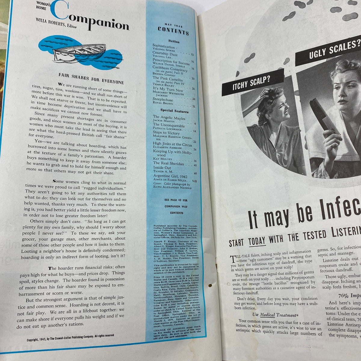 Interior page of Woman's Home Companion Magazine May 1942 showcasing the table of contents and articles related to women's issues during World War II.