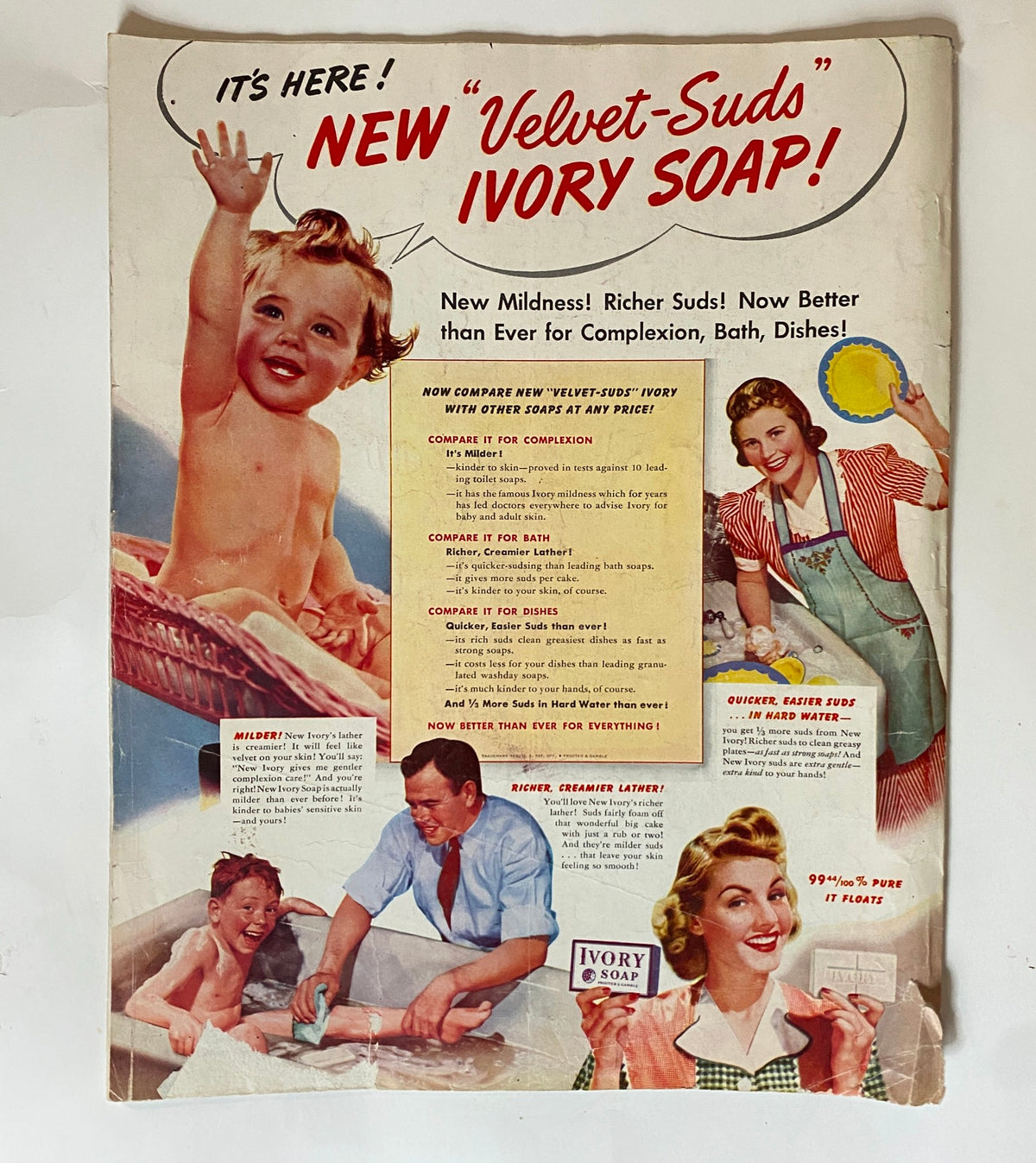 Vintage advertisement for 'New Velvet-Suds' Ivory Soap, featuring a happy child in a bath, a mother washing dishes, and a smiling woman holding a bar of soap, from the Woman's Home Companion Magazine August 1941.