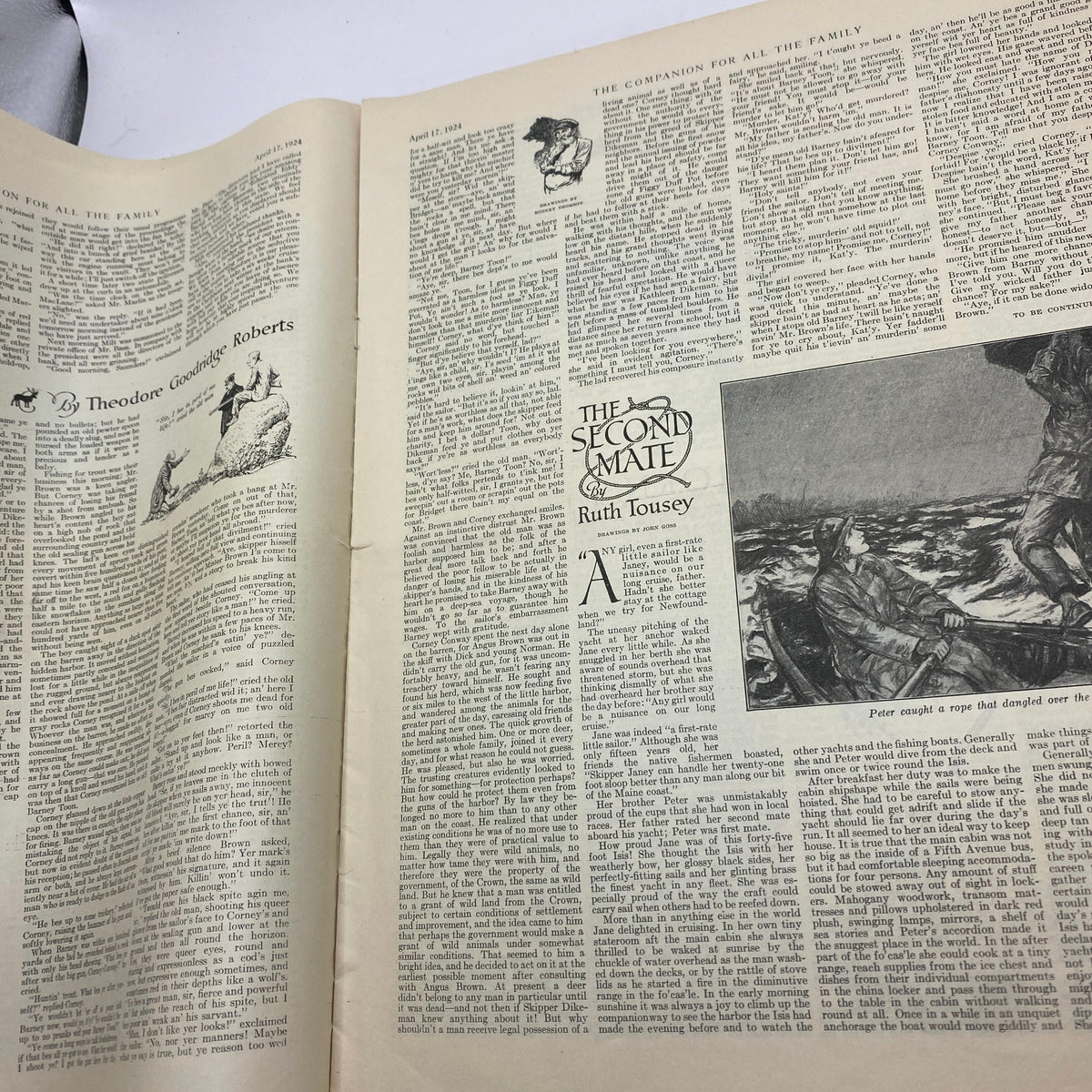 Interior page from The Youth's Companion Magazine, April 17, 1924, showing an article titled 'The Second Mate' by Ruth Tousey.