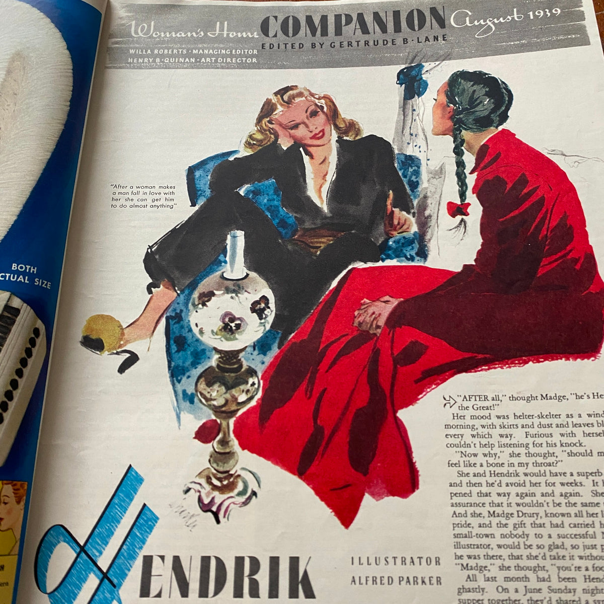 Illustrated page from Woman's Home Companion August 1939, depicting two women in conversation, showcasing vintage fashion and style.