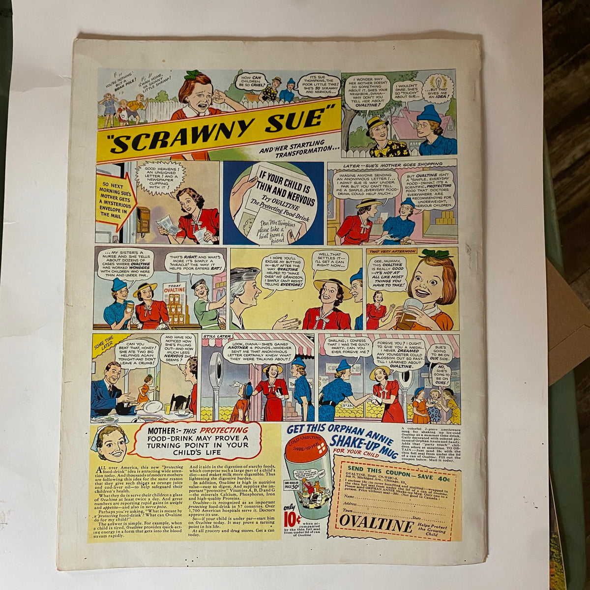 Comic strip page titled 'Scrawny Sue' from Woman's Home Companion August 1939, discussing children's health and nutrition.
