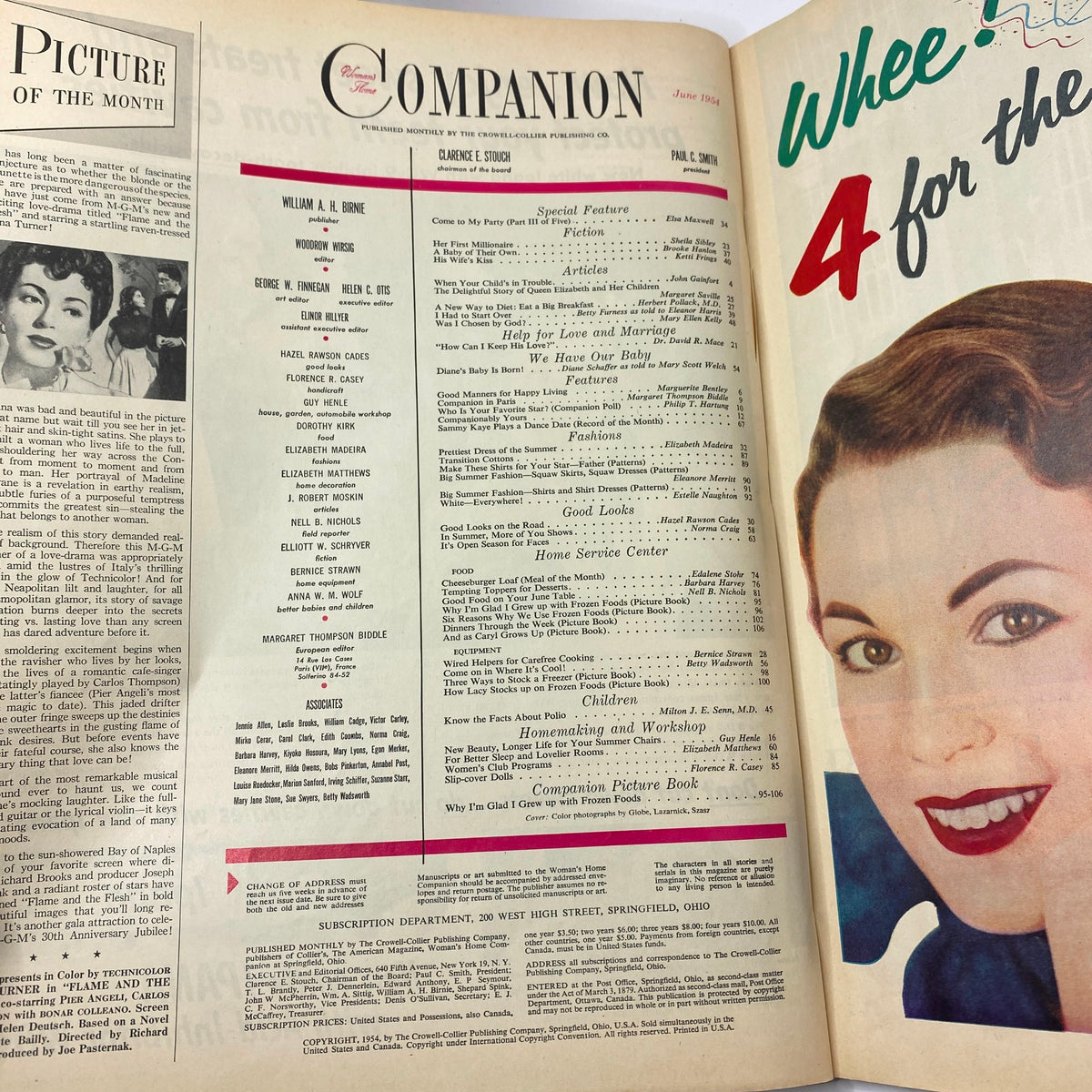 Interior page of the Woman's Home Companion June 1954 displaying the magazine layout, contents, and engaging articles reflective of 1950s culture and lifestyle.
