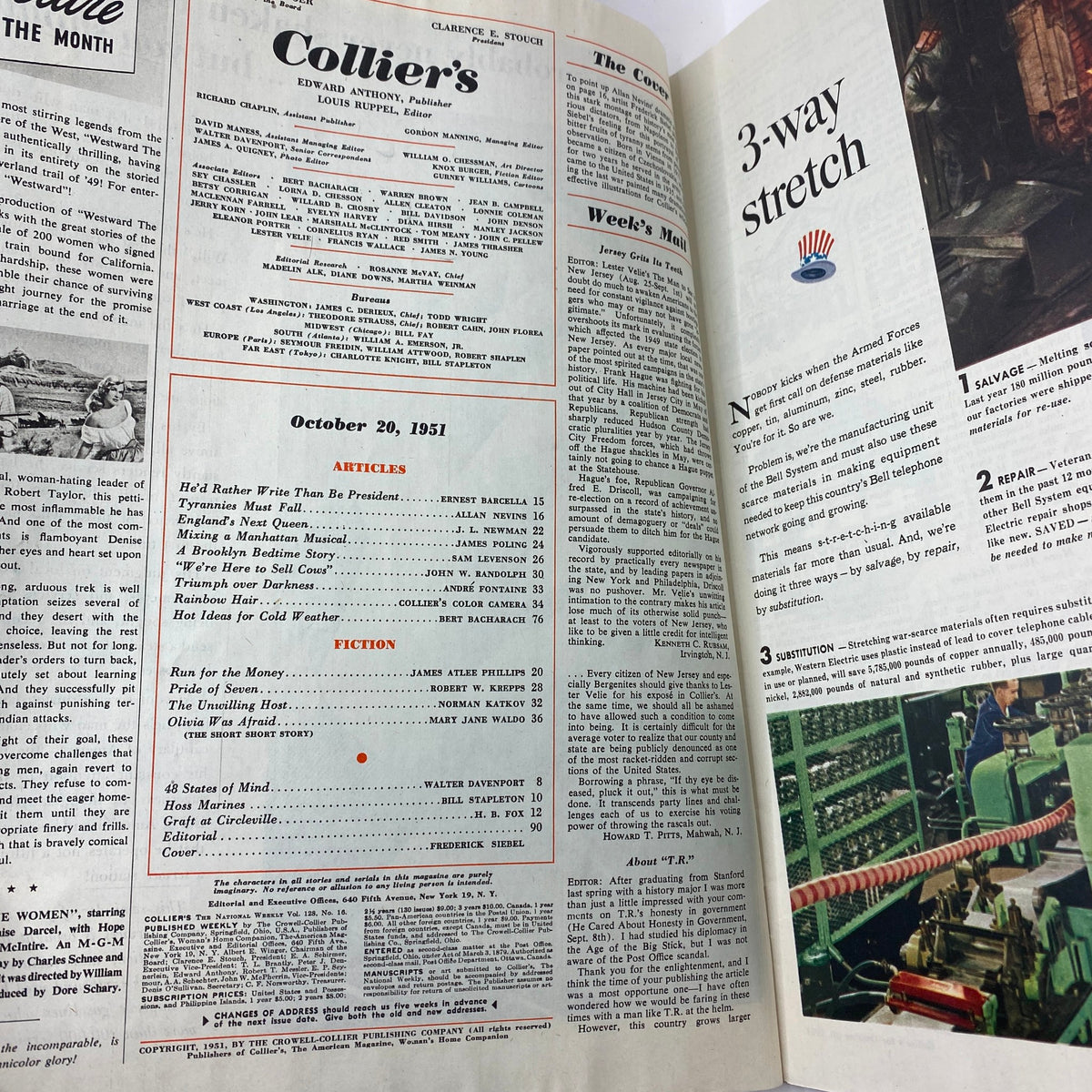 Interior page from the October 20, 1951 Collier's Magazine showing the table of contents, listing articles including 'Tyrannies Must Fall' and 'He'd Rather Write Than Be President'.