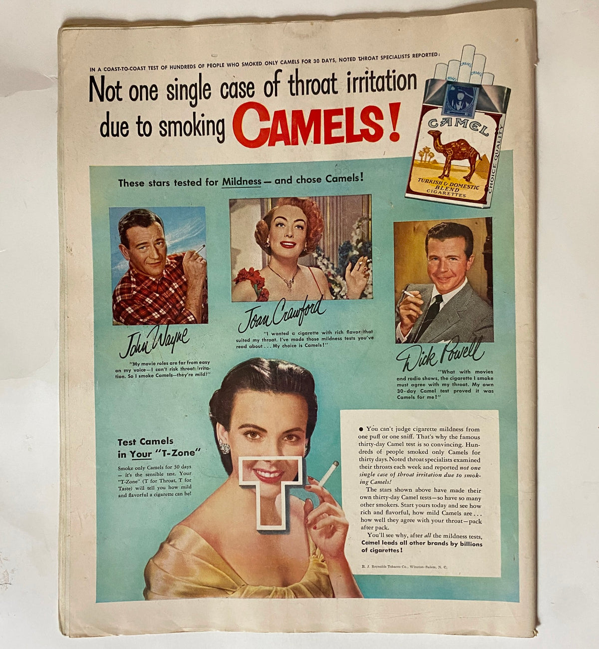 Back cover advertisement from the October 20, 1951 Collier's Magazine promoting Camel cigarettes, featuring vintage Hollywood stars like John Wayne and Joan Crawford.