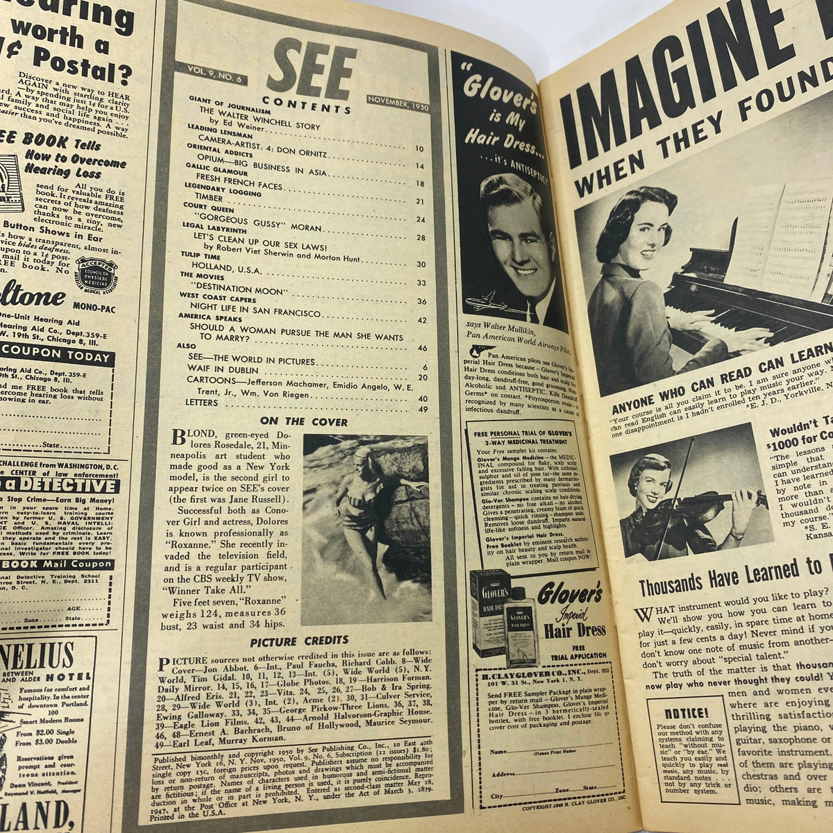 Contents page of VTG See Magazine November 1950 Vol 9 No. 6, showcasing articles and features including the Walter Winchell story, reflecting mid-20th century magazine layout.