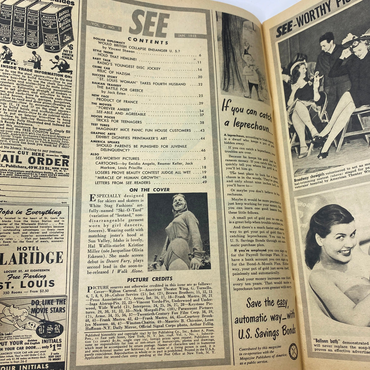 Inside page of VTG See Magazine January 1948 revealing the table of contents alongside vintage advertisements.