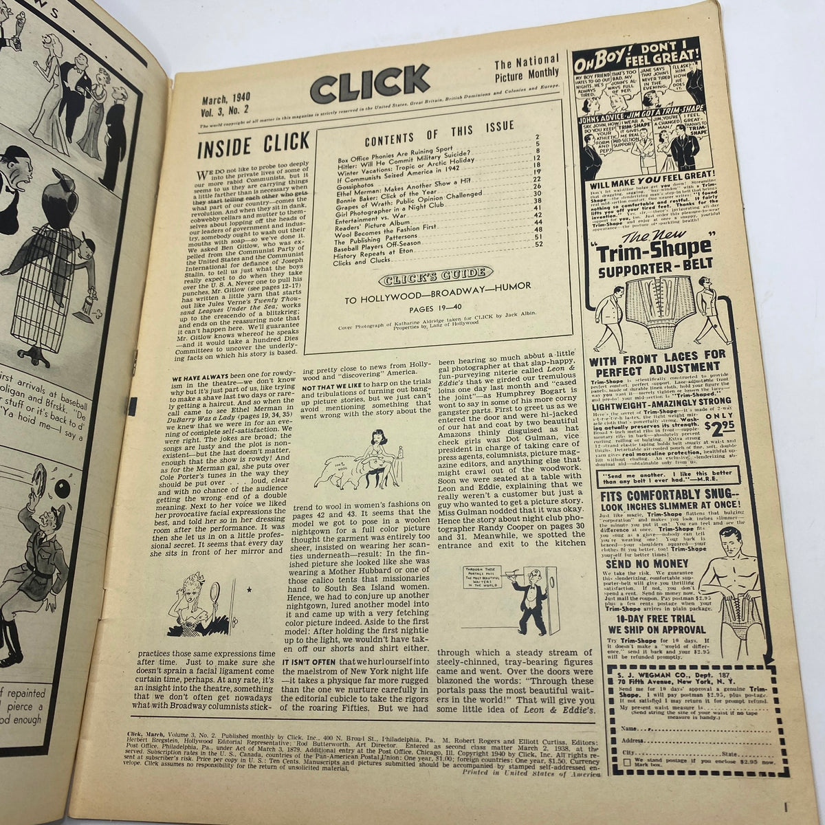 Interior page of VTG Click Magazine March 1940 Vol 3 No. 2 displaying contents and articles, reflecting the magazine's vintage aesthetic.