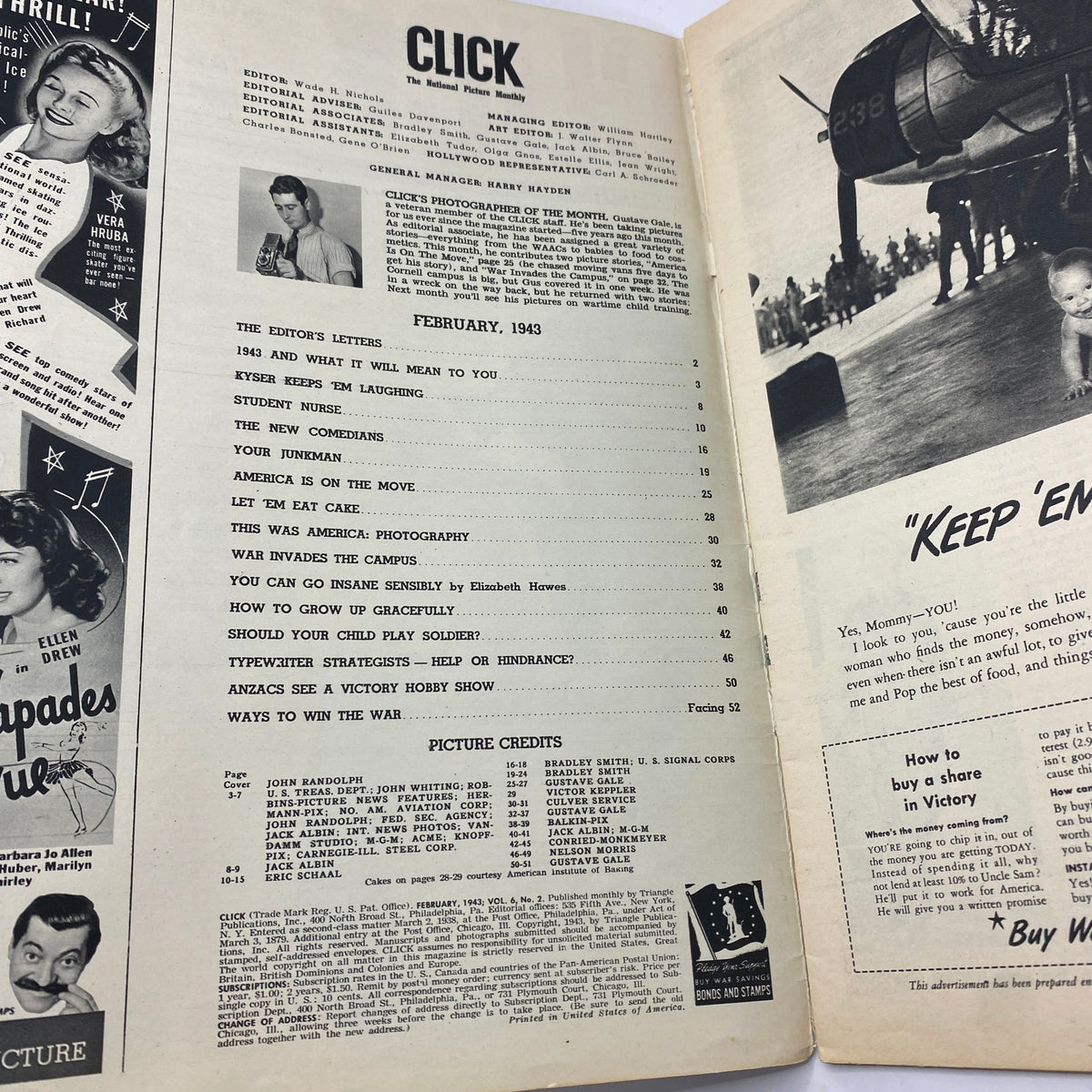Interior page from Vintage Click Magazine February 1943, featuring the editorial section with various topics including war-related content and hobbies, reflecting American life during the early 1940s.