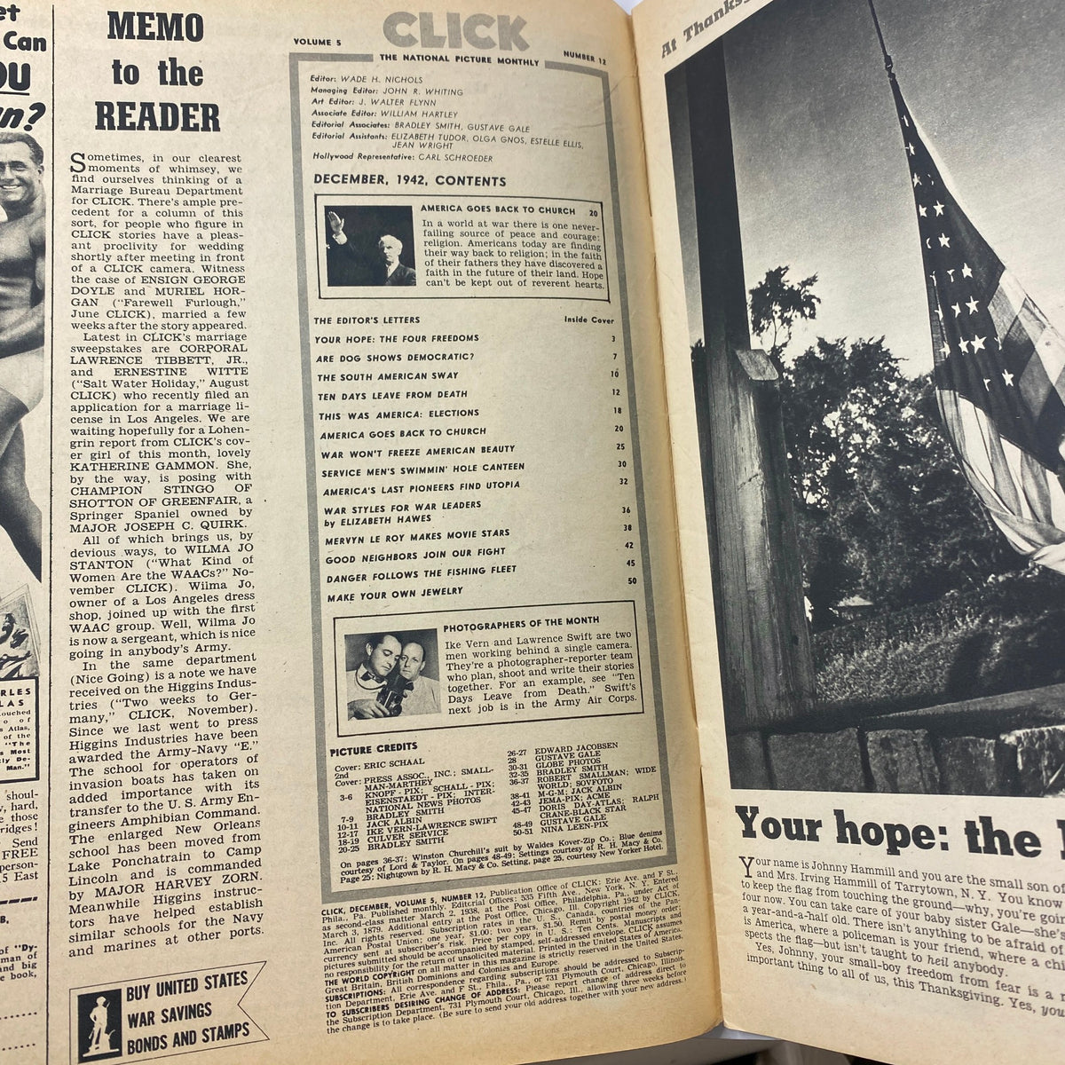 Interior contents page of VTG Click Magazine December 1942 highlighting articles such as 'America Goes Back to Church' and 'Are Dog Shows Democratic?'.