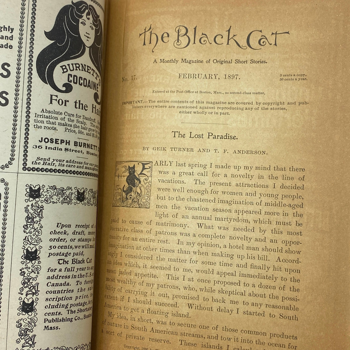 Inside page of VTG The Black Cat Magazine February 1897, featuring the title 'The Lost Paradise' and introductory text. Vintage literary magazine highlighting late 19th century storytelling.