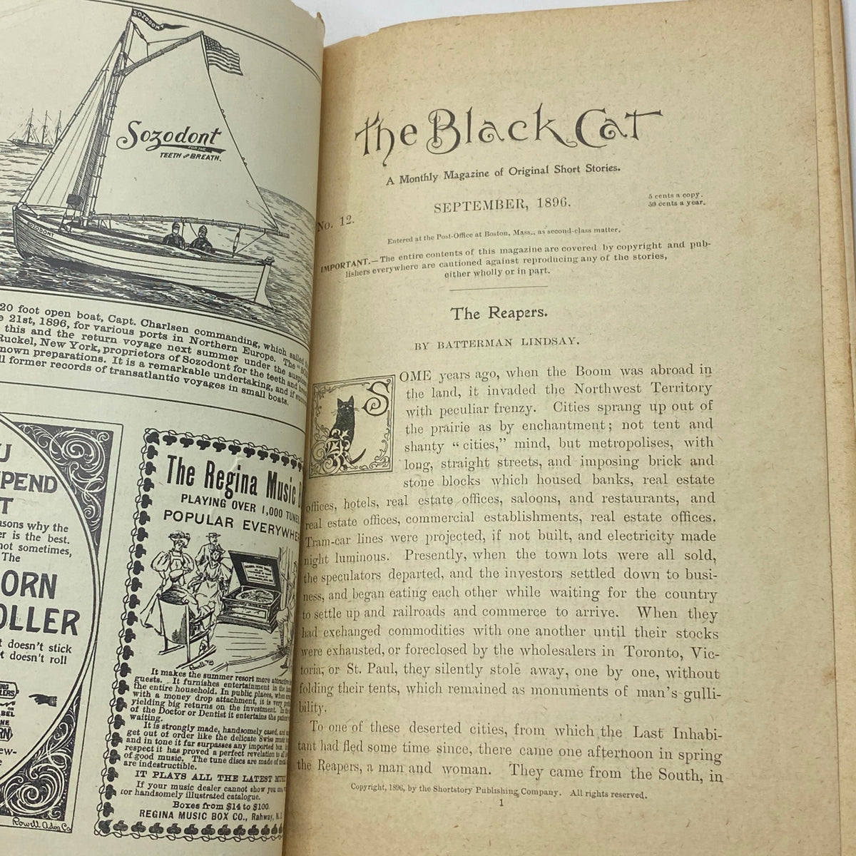 Interior page of VTG The Black Cat Magazine September 1896 showcasing the article 'The Reapers' by Eartha Lindsay, featuring 19th-century illustrations and typography.