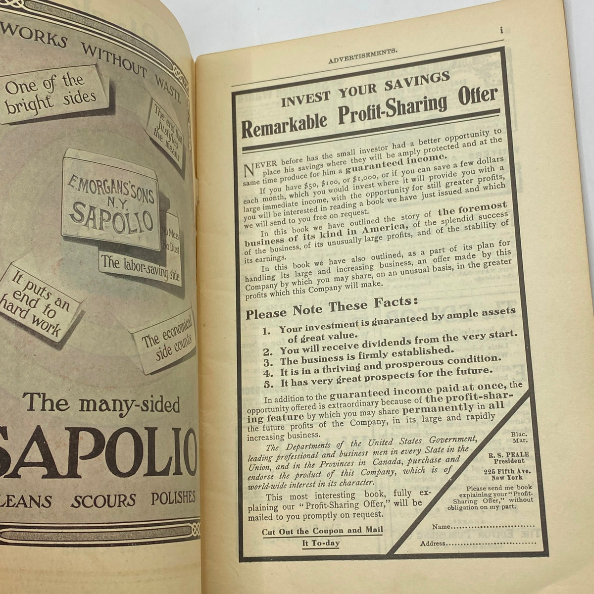 Vintage advertisement page from VTG The Black Cat Magazine March 1910 featuring a money-saving offer for investments and profit-sharing opportunities.