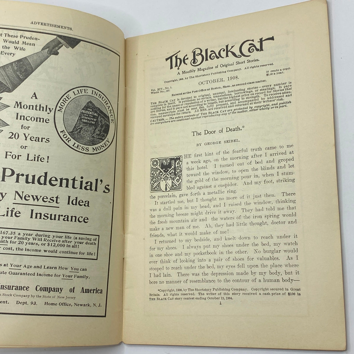 Interior view of The Black Cat Magazine, October 1908, featuring the start of the story 'The Door of Death' with ads and original artwork.