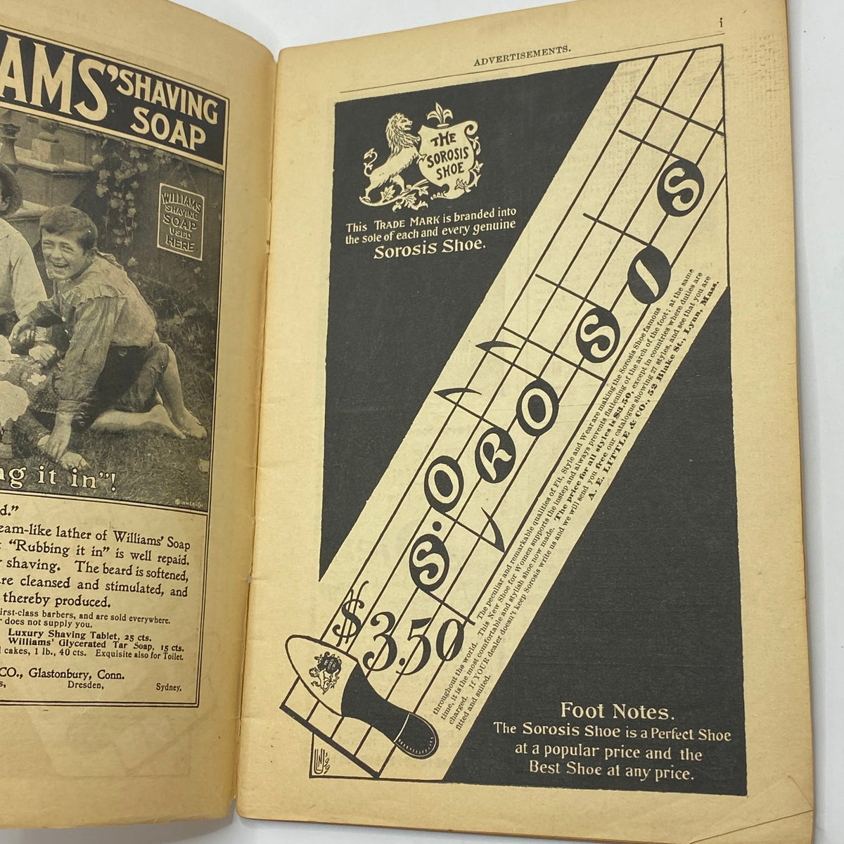 Inside page of The Black Cat Magazine, July 1899, showcasing an advertisement for Sorosis Shoes with an illustration and pricing details.