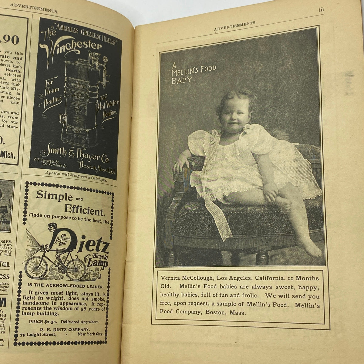 Inside page of The Black Cat Magazine, July 1899, displaying an advertisement for Mellin's Food featuring a sweet baby and promotional text.