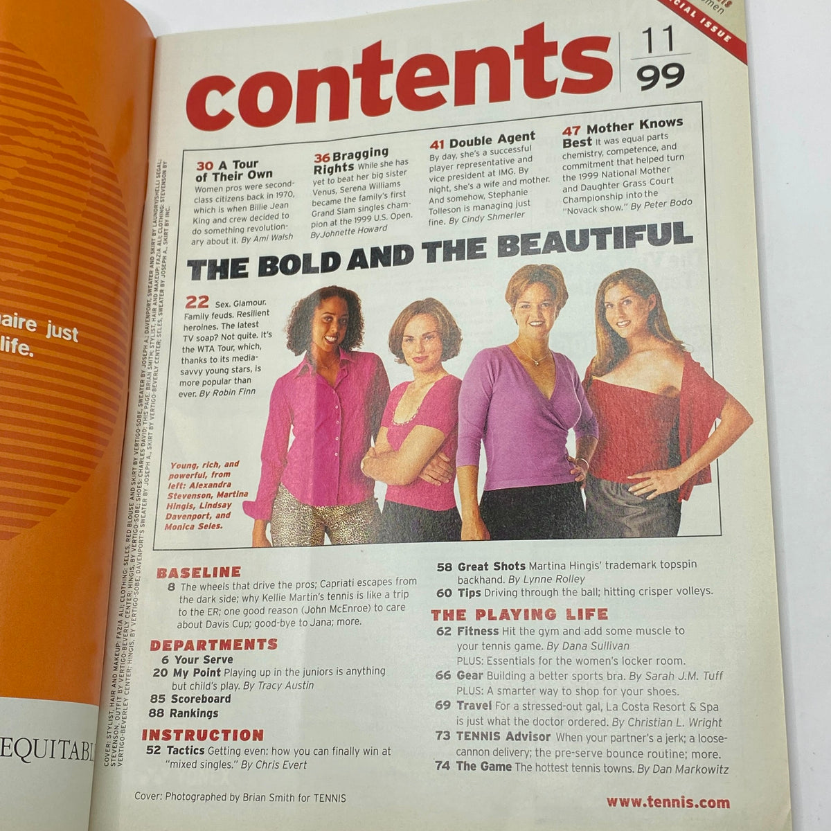 Contents page from Tennis Magazine, November 1999, highlighting articles including 'The Bold and the Beautiful' featuring prominent female tennis players, including Alexandra Stevenson and Martina Hingis.